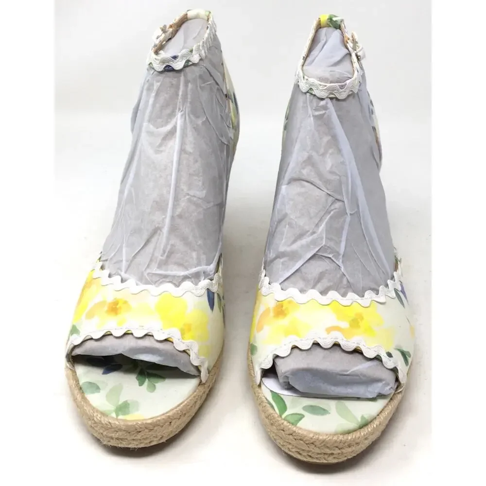 Bandolino Kendri7 Women's Sz 10M Yellow Floral Espadrille Peep Toe Wedge Sandals